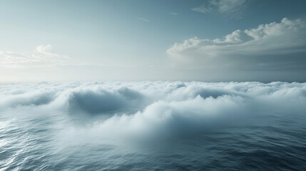 Fototapeta premium Serene seascape above fluffy clouds, ethereal sky.