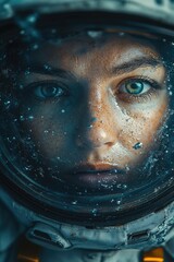 A close-up view of a person wearing a space suit, perfect for use in sci-fi or technology-related contexts