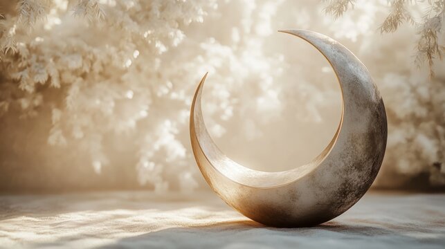 Crescent moon prop in snowy forest scene.