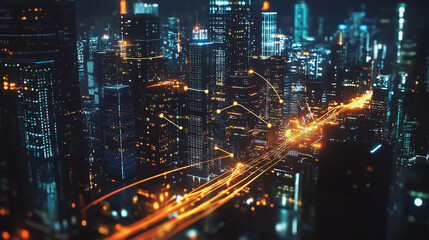 Fototapeta premium Smart digital Innovation city with connection network reciprocity over the cityscape. of future smart wireless digital city and social media networking systems that connects people with in city
