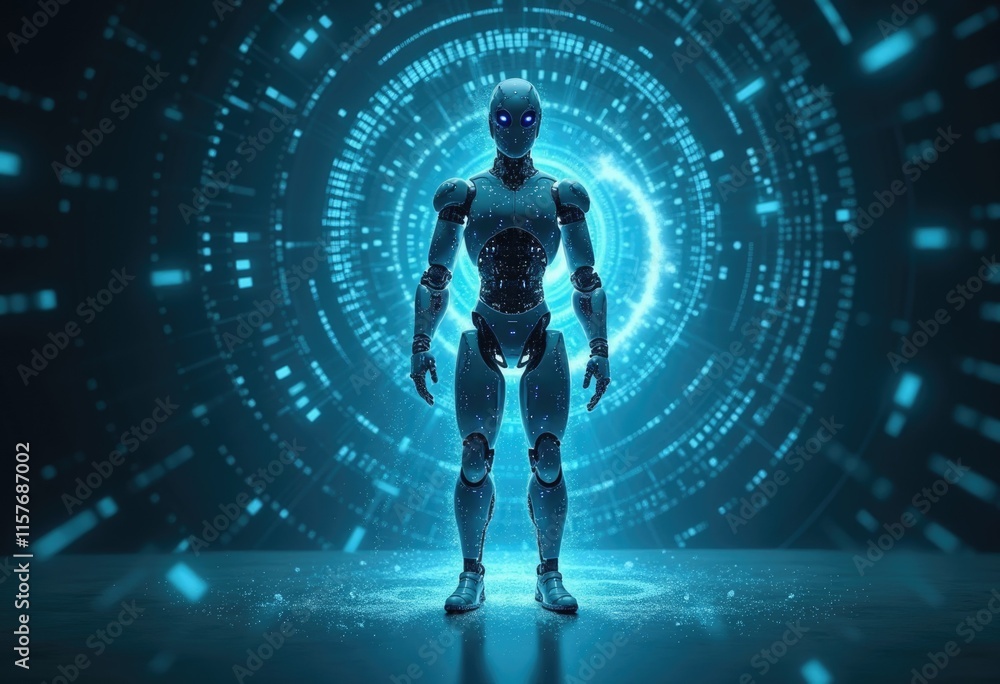 Poster A futuristic robot stands in a glowing blue portal  a symbol of advanced technology.
