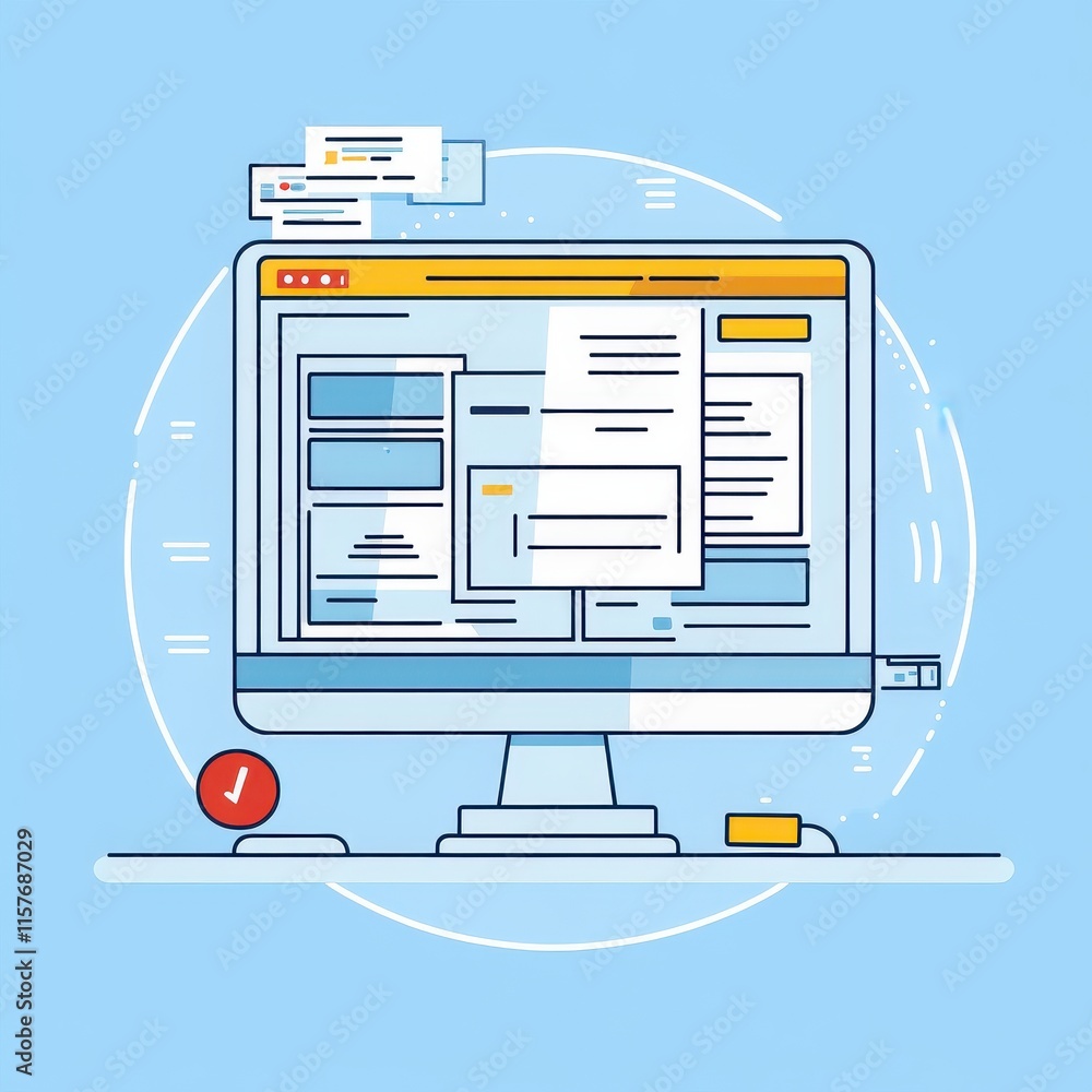 Poster stylized graphic of a desktop computer displaying multiple open windows and notifications, set again