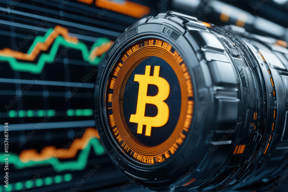 Poster close up view of cryptocurrency market display featuring bitcoin, showcasing vibrant graphs and data