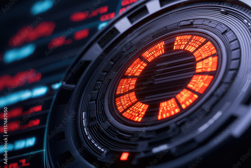 Poster close up view of futuristic digital interface with glowing red elements, showcasing advanced technol
