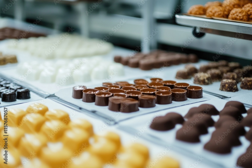Poster assortment of chocolates on display, ideal for use in advertising or editorial content