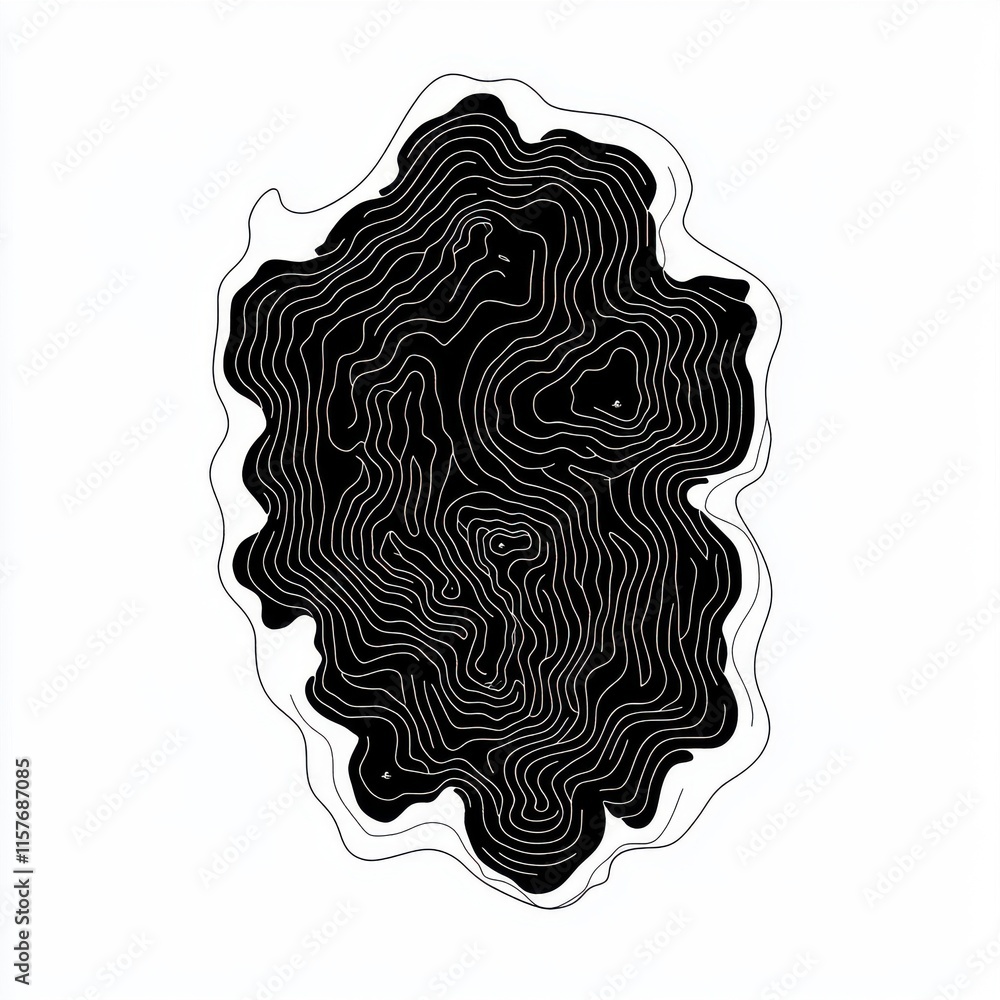 Poster abstract black and white illustration of intricate line patterns resembling topographical features.