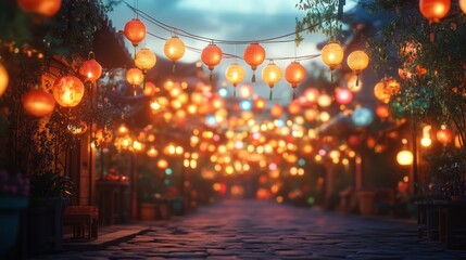 Obraz premium Illuminated Asian street at dusk with lanterns.