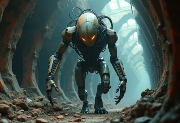 Fototapeta premium A robotic creature with glowing eyes crawls through a narrow tunnel in a futuristic environment.