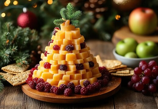 A cheese tree on the table, surrounded by berries and nuts. 