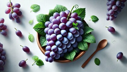 Fresh Grapes in Wooden Bowl with Leaves