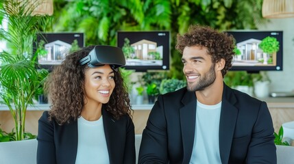 Smiling couple exploring virtual reality in modern green workspace