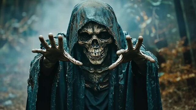 A terrifying skeleton cloaked in a dark hood stretches its hands toward the viewer, embodying death and the macabre. Ideal for horror themes