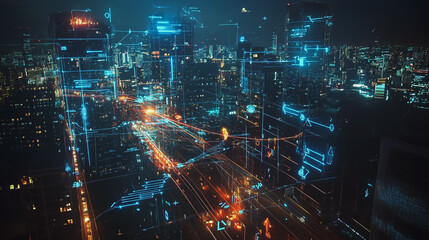 Obraz premium Smart digital Innovation city with connection network reciprocity over the cityscape. of future smart wireless digital city and social media networking systems that connects people with in city