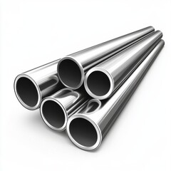 Fototapeta premium Five shiny metallic pipes arranged creatively on a white background.