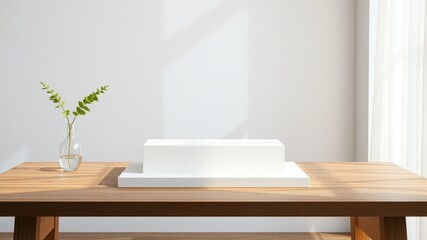 Fototapeta premium Minimalist Product Display on Wooden Table with Greenery