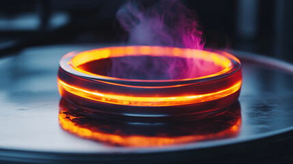A futuristic edible ring glowing with a vibrant, pulsing light, displayed on a sleek metallic tray.