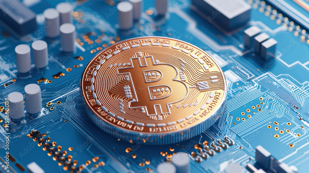 Poster close up view of bitcoin on circuit board, symbolizing digital currency technology and innovation