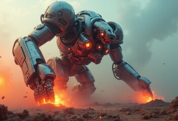 Fototapeta premium A giant metallic robot with glowing red eyes kneels on a dusty planet its hands emitting flames.