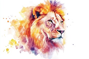A majestic lion sitting on a pure white background, depicted in watercolor style