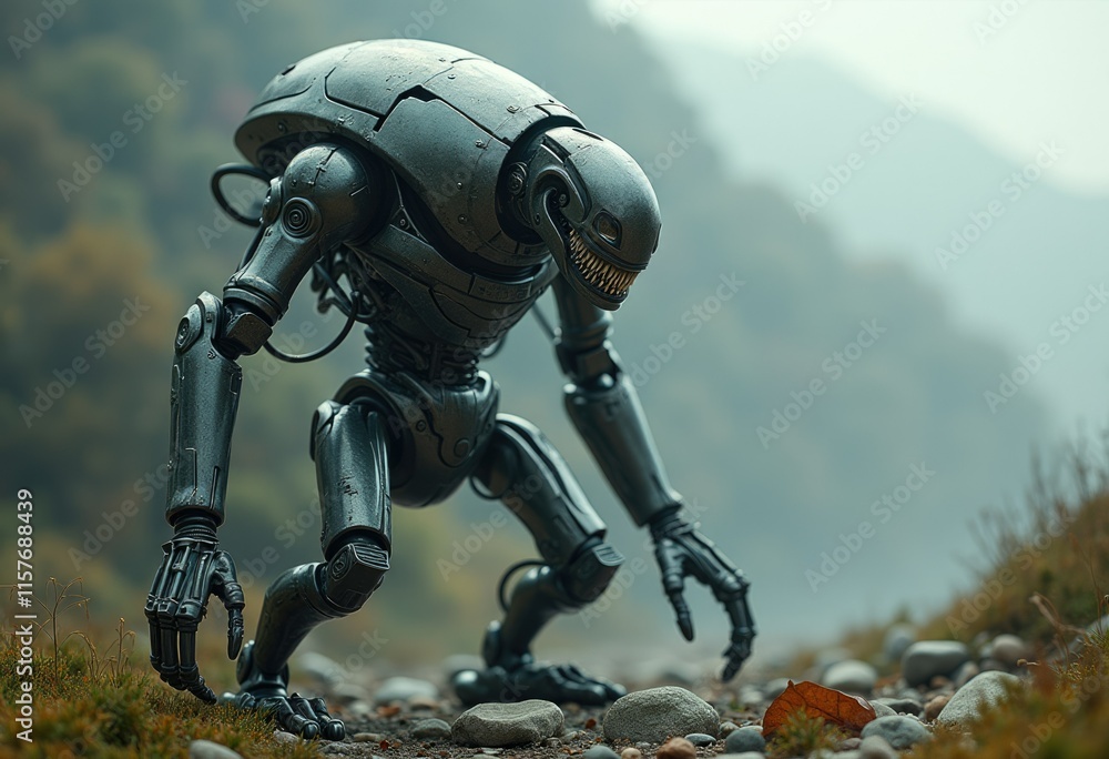 Poster A robotic creature with sharp teeth crouches on a rocky path.