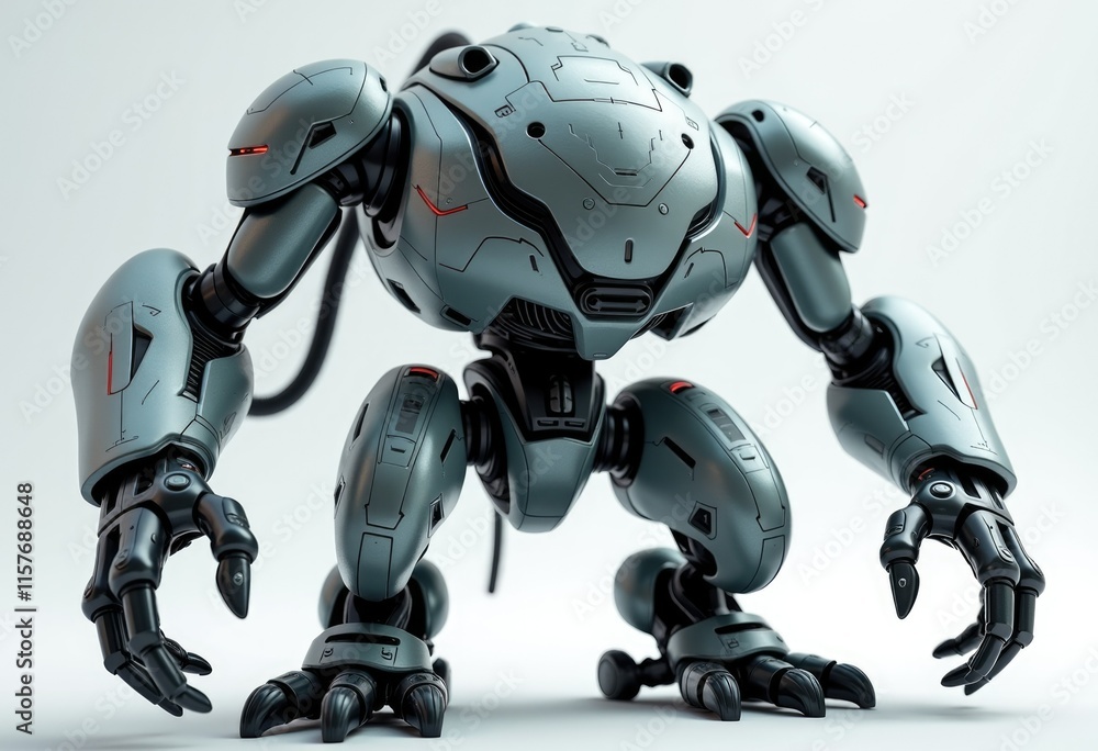 Aufkleber A futuristic robot with grey metallic armor and black claws  posing against a white backdrop.
