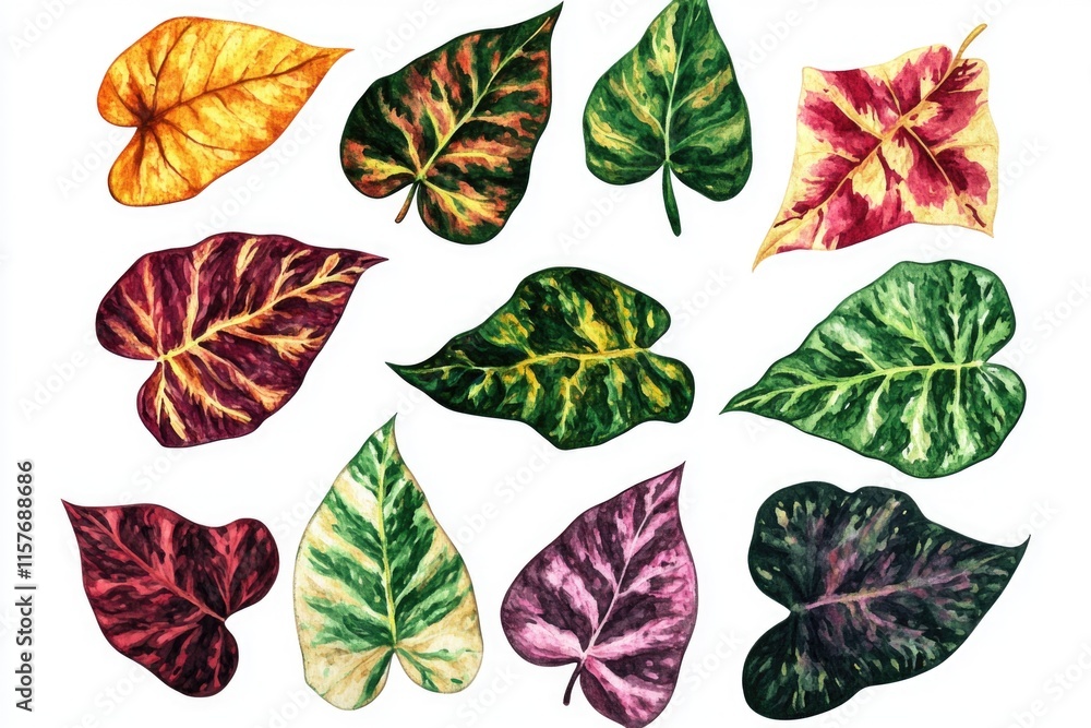 Poster a collection of differently colored leaves on a white background