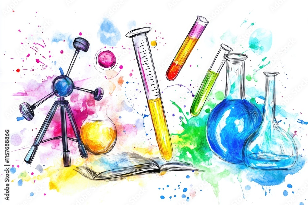 Poster a setup for a science experiment with equipment and a book in the background