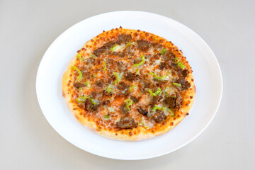 Traditional Turkish cuisine. Pizza, pita, pidesi, sucuk, hummus, kebab. Many dishes on the table. Serving dishes in restaurant. Margherita,  mix, formaggi, veggie karisik pizza. Top view, flat lay