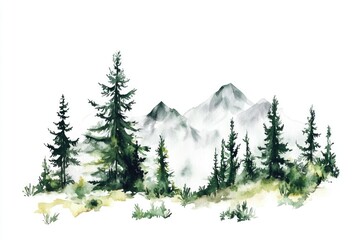 Fototapeta premium Watercolor painting of a serene mountain range with tall pine trees, perfect for nature-inspired designs