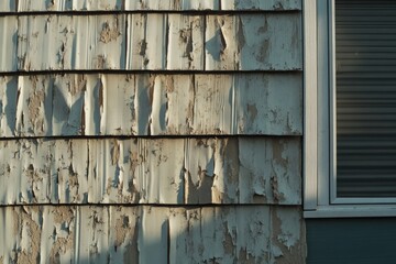 A close-up of a building's exterior wall with peeling paint and worn-out appearance