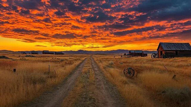 Vintage-style town in the American Wild West, featuring rustic buildings, dirt streets, and a frontier atmosphere reminiscent of the 1800s.