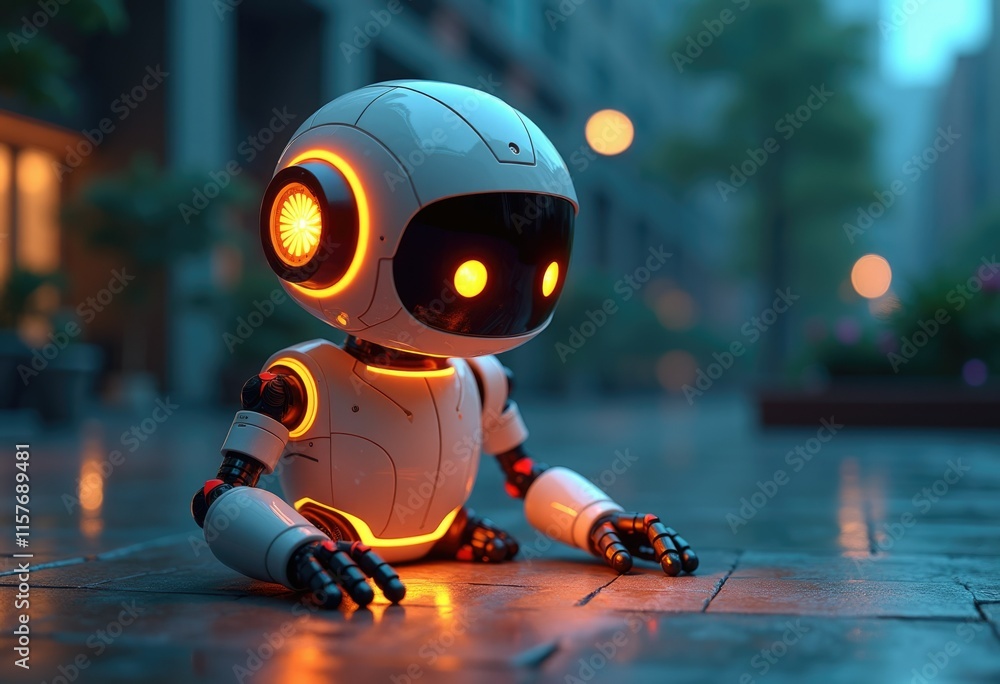 Poster a small white robot with glowing orange eyes sits on a wet gray surface.