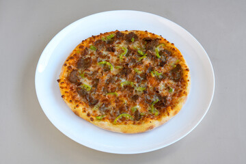 Traditional Turkish cuisine. Pizza, pita, pidesi, sucuk, hummus, kebab. Many dishes on the table. Serving dishes in restaurant. Margherita,  mix, formaggi, veggie karisik pizza. Top view, flat lay