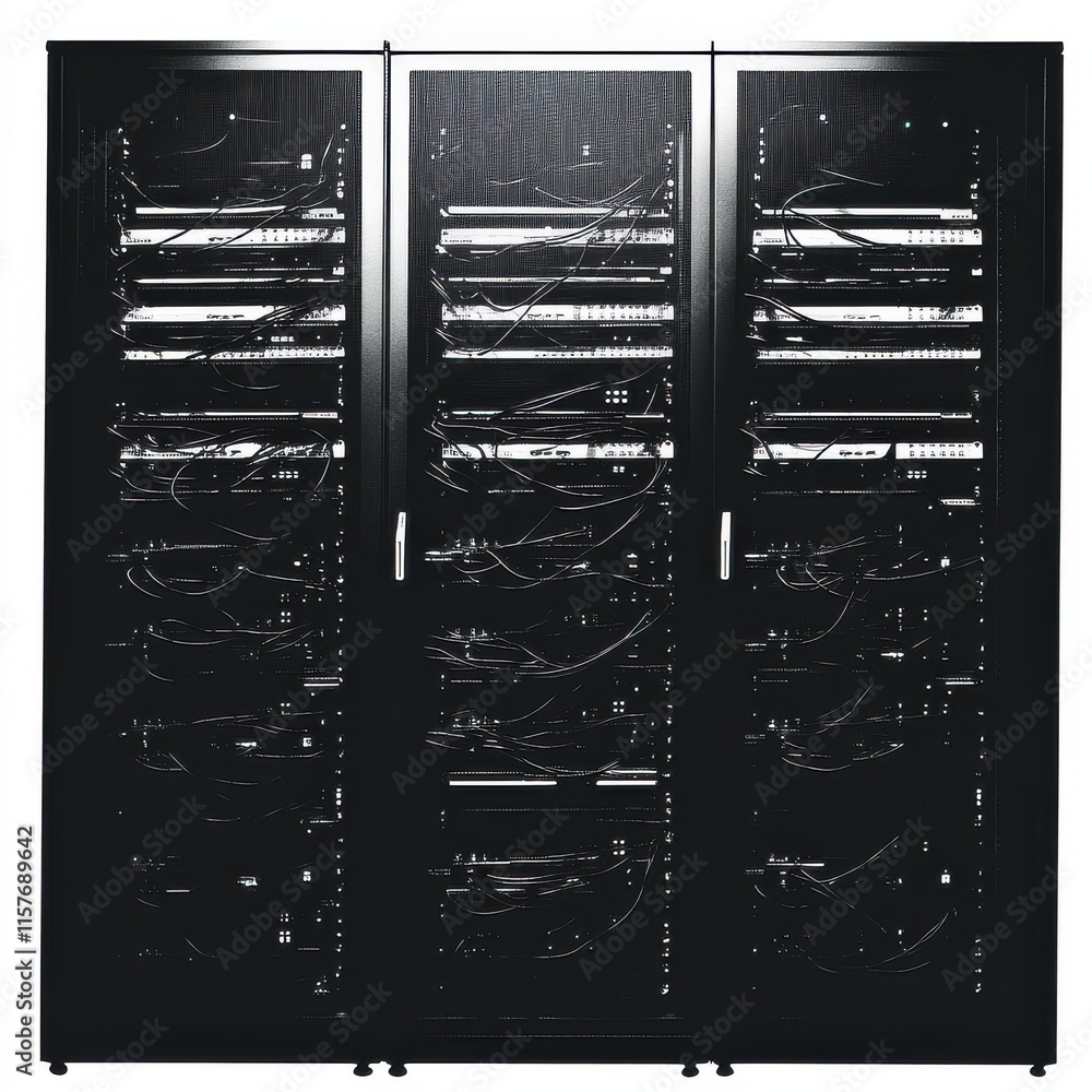 Poster a close-up view of a black server rack filled with various networking equipment and cables.