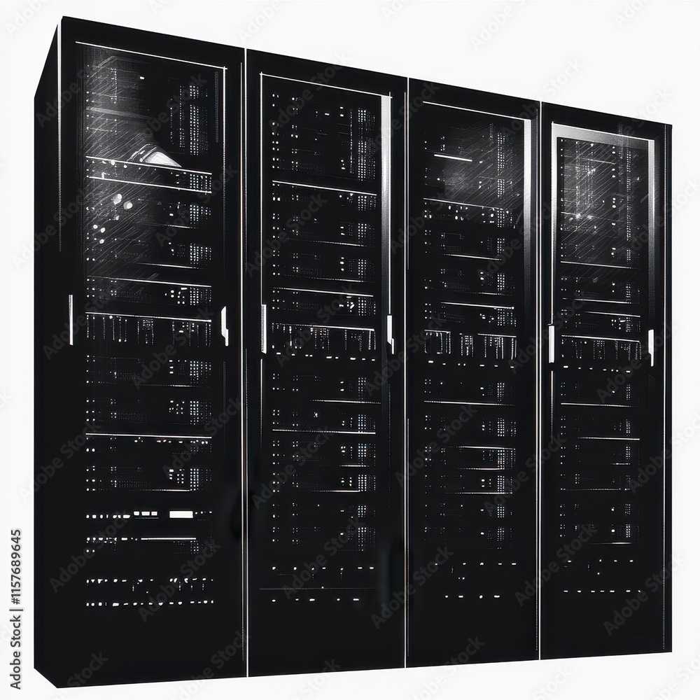 Poster a sleek array of data servers showcasing modern technology in a dark, minimalist environment.