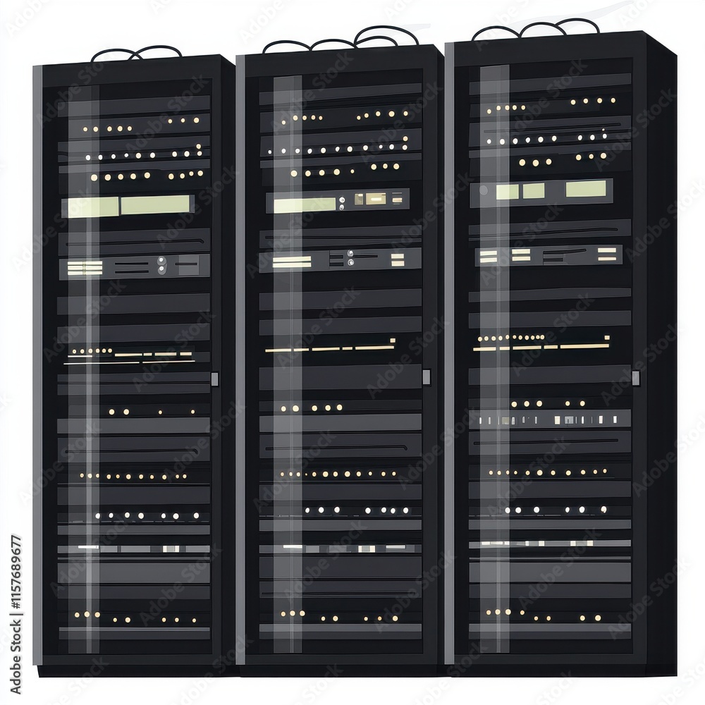 Poster three tall server racks filled with network equipment and storage devices, creating a high-tech atmo