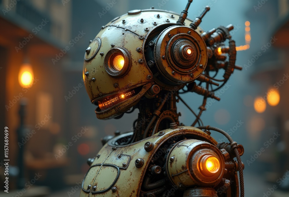 Aufkleber a close up of a steampunk robot with glowing lights in a city setting.