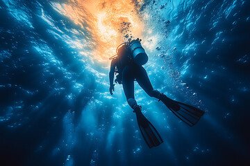 A scuba diver exploring the deep ocean surrounded by glowing bubbles, vibrant marine life, and ethereal blue light, capturing the thrill of underwater adventure.