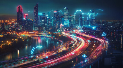 Fototapeta premium Smart digital Innovation city with connection network reciprocity over the cityscape. of future smart wireless digital city and social media networking systems that connects people with in city