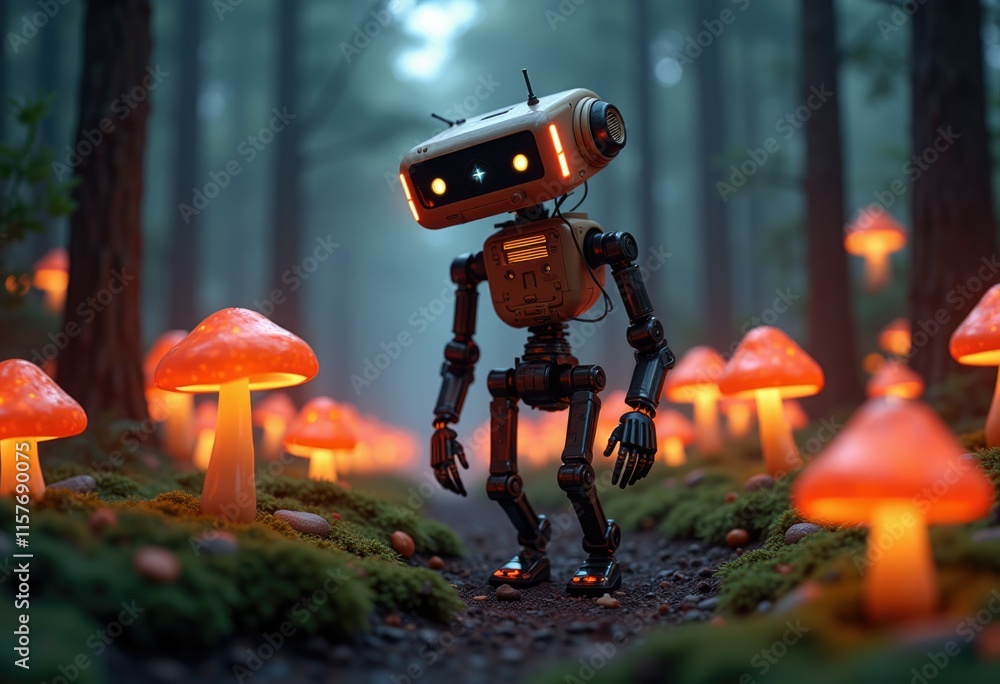 Poster a retro robot walks through a forest filled with glowing mushrooms.