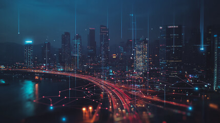Fototapeta premium Smart digital Innovation city with connection network reciprocity over the cityscape. of future smart wireless digital city and social media networking systems that connects people with in city
