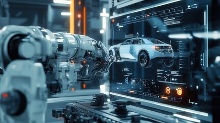 Fototapeta premium side view of a car being built, with multiple robotic arms working on different sections. A holographic interface in the foreground shows real-time data and diagnostics