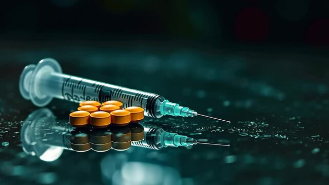 Close-up of a syringe and various pills on a table, symbolizing drug dependency, addiction, and substance abuse issues in society.