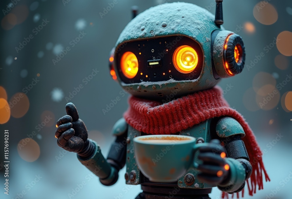 Poster a robot in a snowy forest wearing a red scarf holds a cup of coffee with glowing eyes.