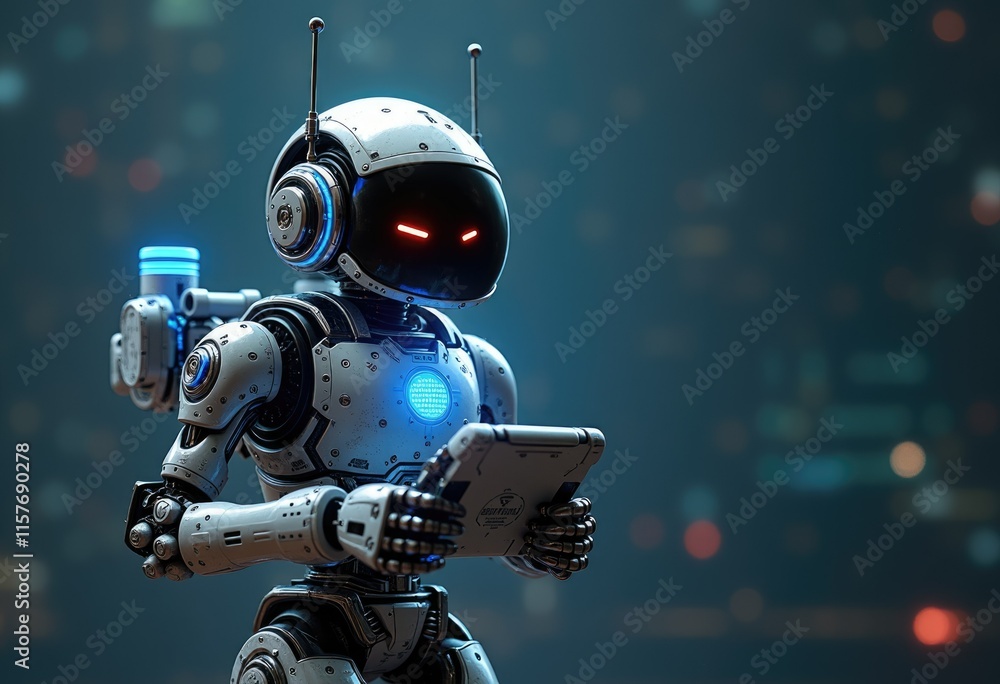 Aufkleber A futuristic robot with glowing eyes holds a tablet in front of a blurred background.