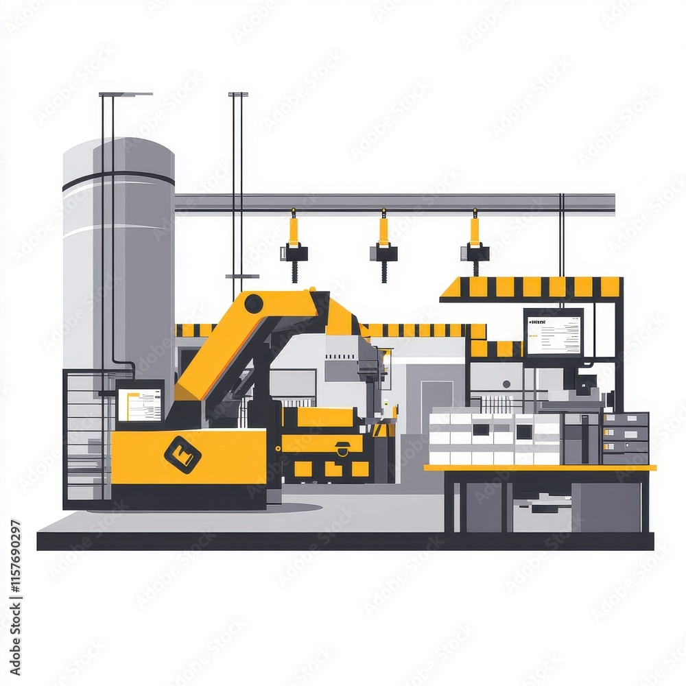 Poster a modern industrial workspace featuring a robotic arm and efficient layout for manufacturing process
