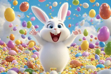 A cheerful Easter bunny joyfully celebrates amidst a vibrant sea of colorful eggs and delicious candy, truly embodying the festive cheer and the beautiful spirit of renewal that comes with spring