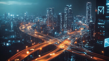 Fototapeta premium Smart digital Innovation city with connection network reciprocity over the cityscape. of future smart wireless digital city and social media networking systems that connects people with in city