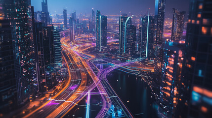 Fototapeta premium Smart digital Innovation city with connection network reciprocity over the cityscape. of future smart wireless digital city and social media networking systems that connects people with in city