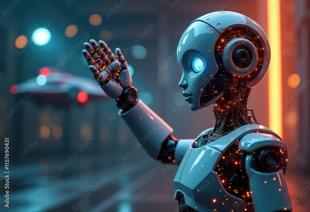 Aufkleber A humanoid robot with glowing circuits  standing in a futuristic setting.